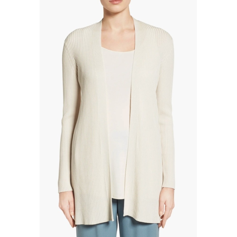 Eileen Fisher Ribbed Long Cardigan Bone Cream Neutral Open Front Tencel Duster S